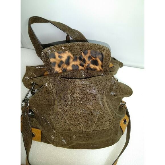 B. Makowsky Brown Metallic Leather Large Satchel Shoulder Bag - Picture 9 of 12